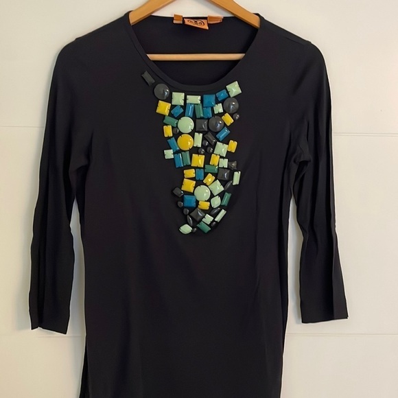 Tory Burch Tops - Tory Burch Razi Beaded Navy 3/4 Sleeves Stretchy Embellished Top Career Office S